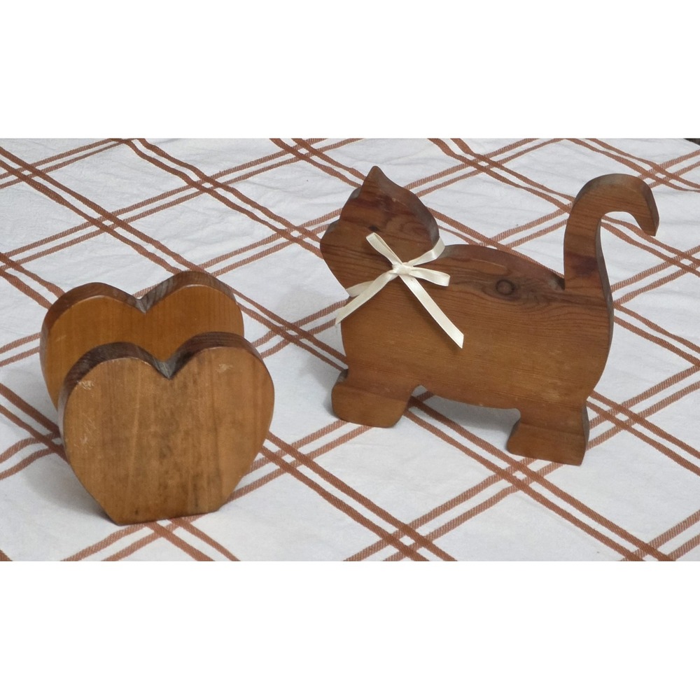 Handmade Wooden Cat Figurine Cutout Ribbon Heart Napkin Holder Lot Grandmacore